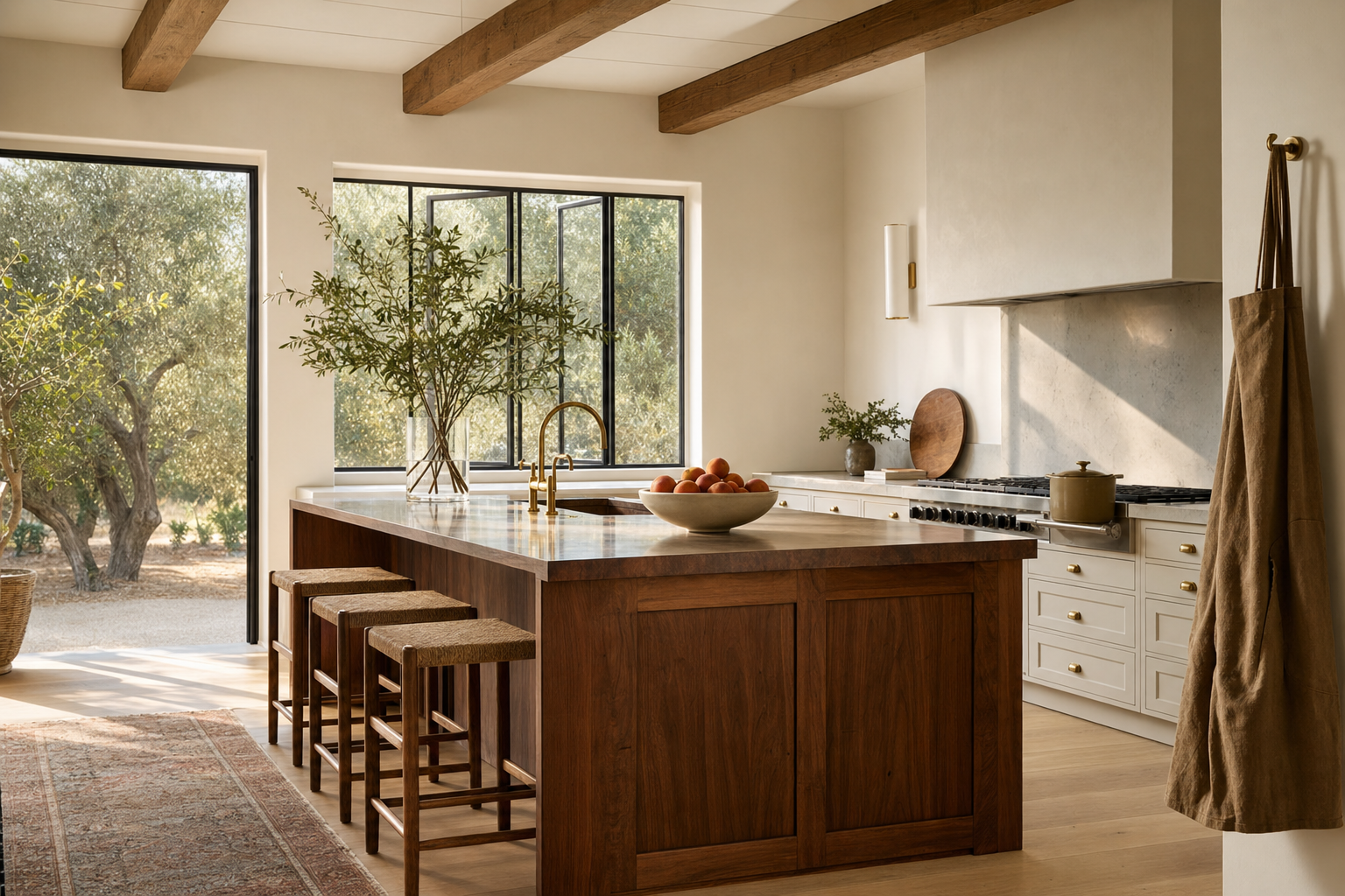 Sunlit modern kitchen with walnut wood island and cream cabinets