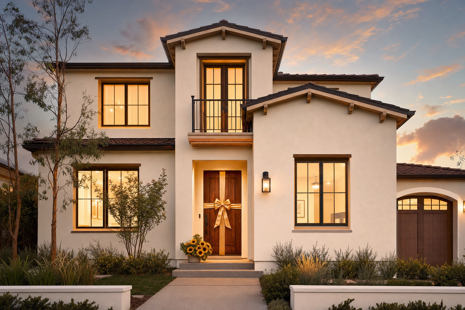 Brand-new Bakersfield family home at dusk with windows glowing warmly and a wooden bow on the front door