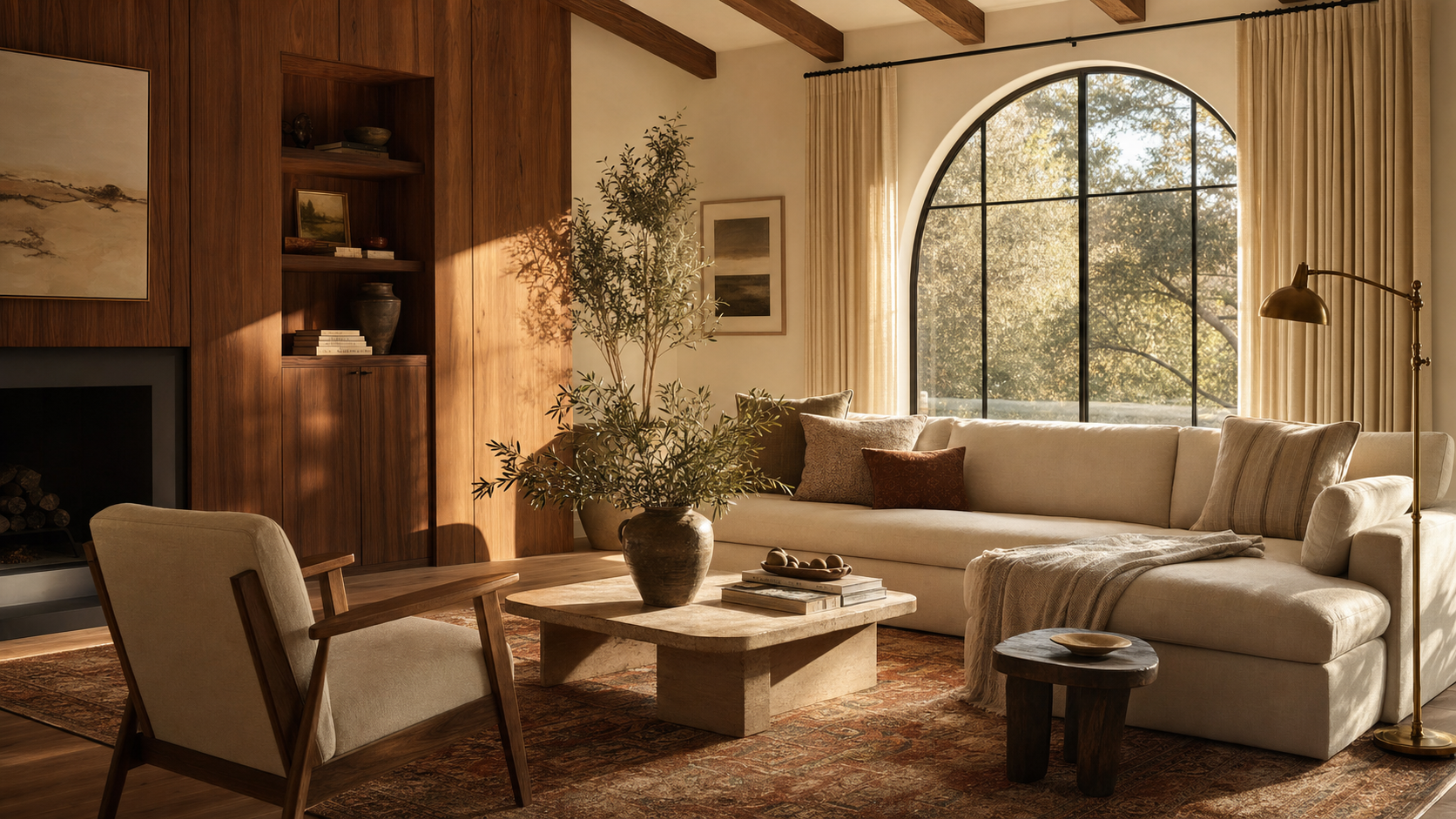 Sunlit modern California living room with walnut wood paneling, cream linen sofa, exposed wood beams, and an arched window — Kelly Allison Bakersfield real estate