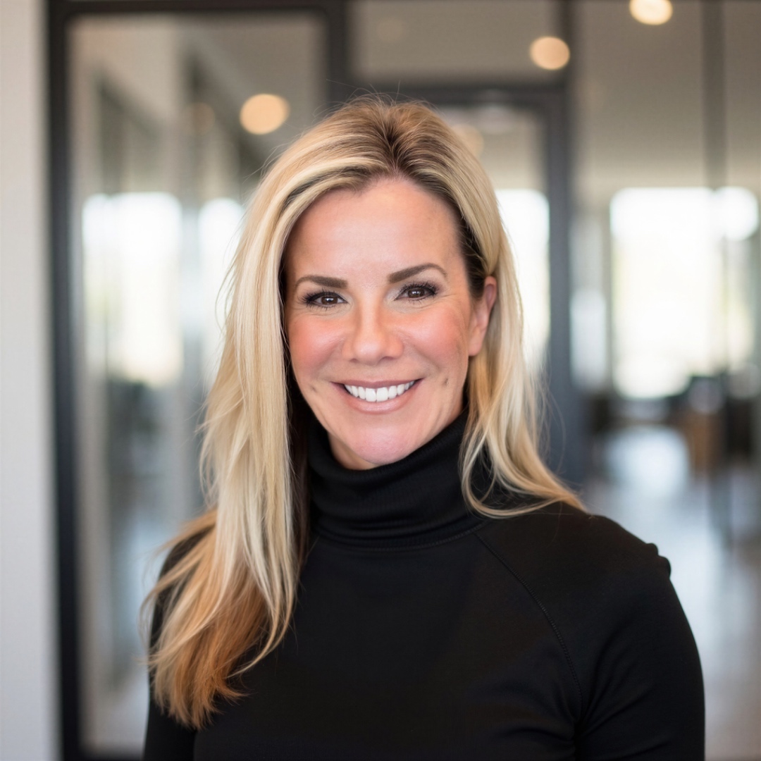 Kelly Allison portrait — confident smile, black turtleneck, standing in a modern interior with natural light