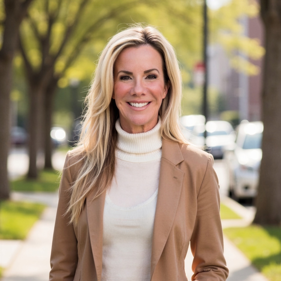 Kelly Allison, Bakersfield real estate agent, smiling warmly on a tree-lined street in a camel blazer and ivory turtleneck