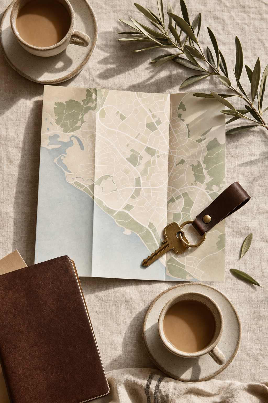 Overhead flat lay with paper neighborhood map and brass key on linen