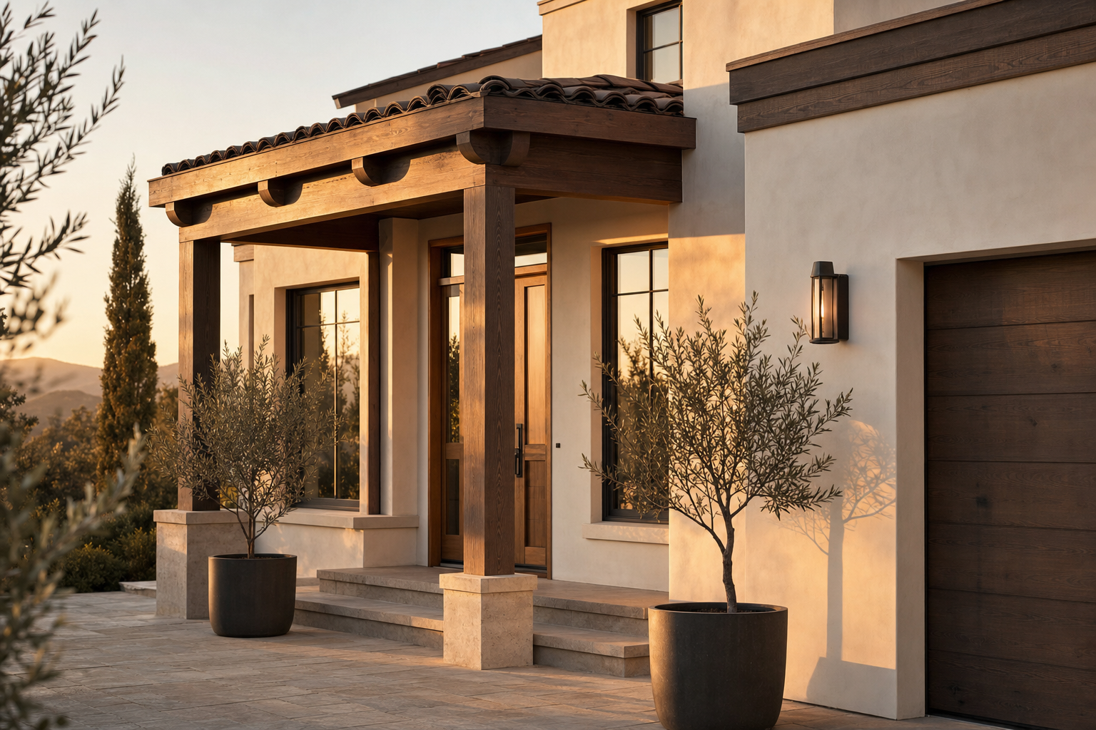 Brand-new home construction nearly complete at golden hour