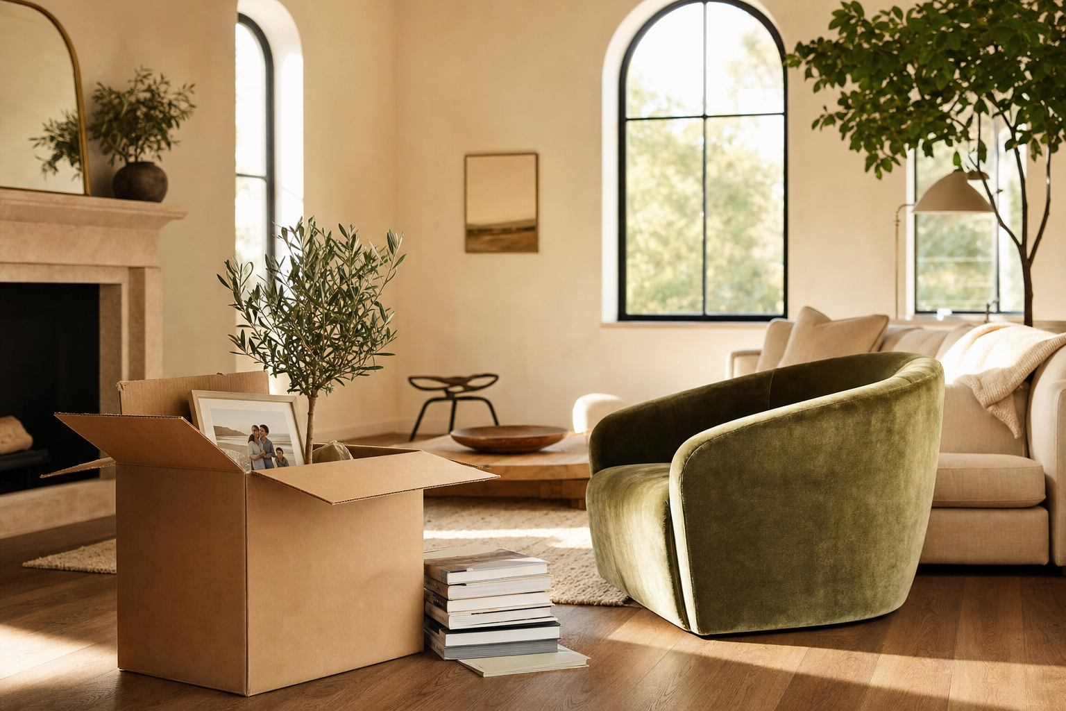 Warm living room with moving box and olive tree