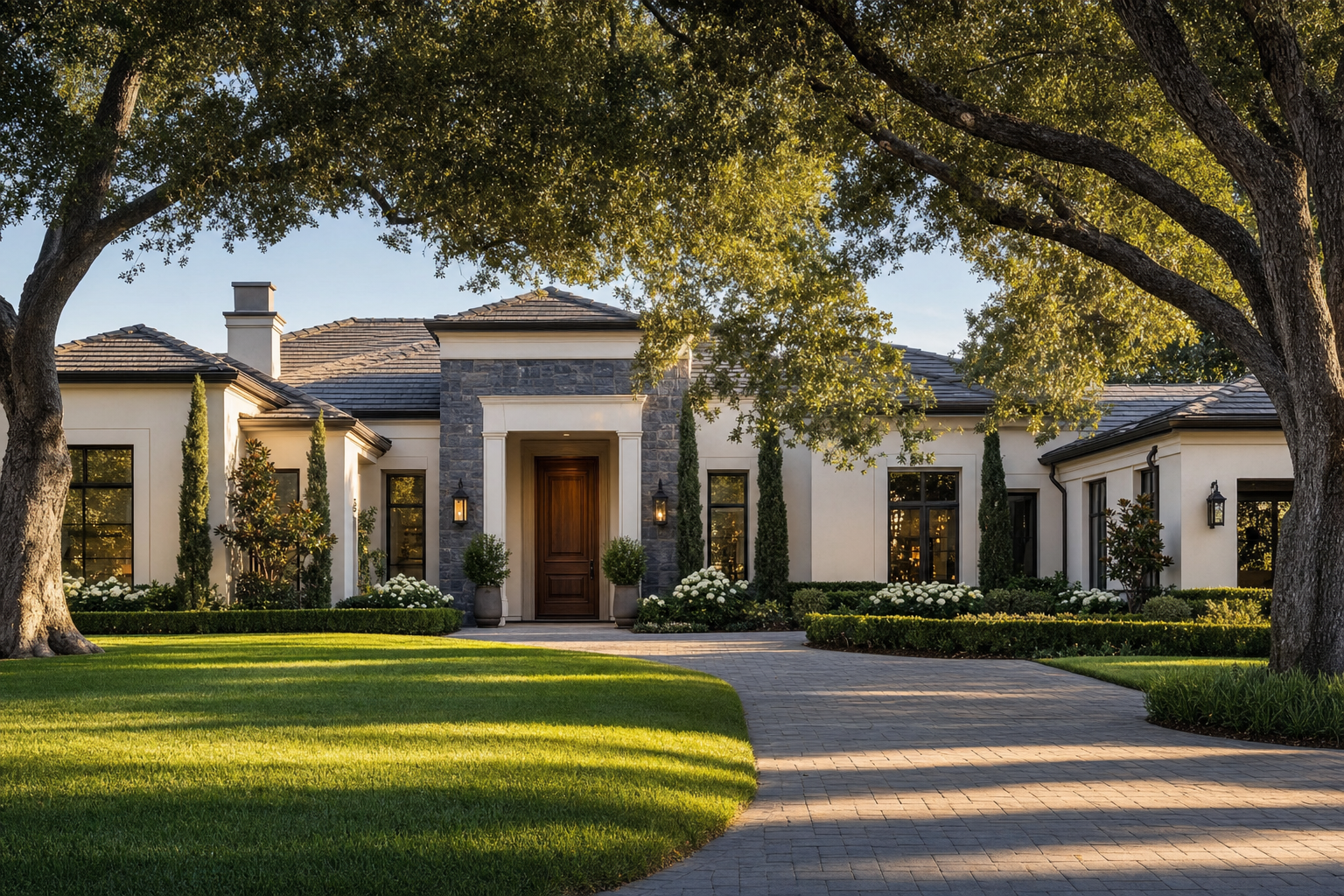Elegant single-story luxury home on a tree-lined Bakersfield street