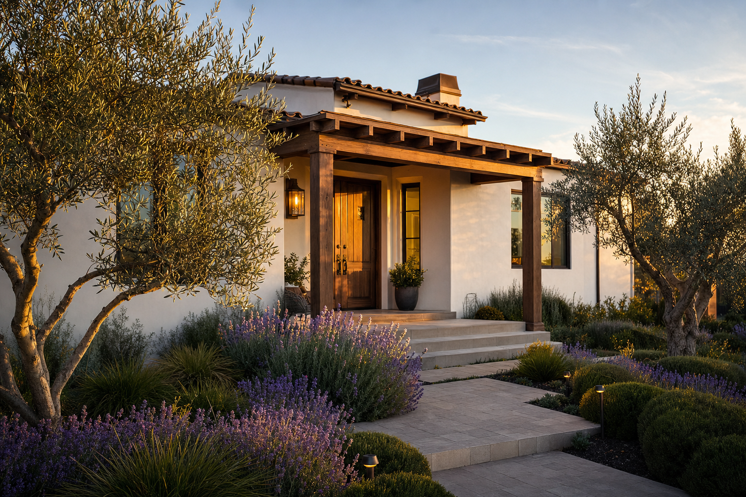 Beautifully maintained California home with curb appeal at golden hour
