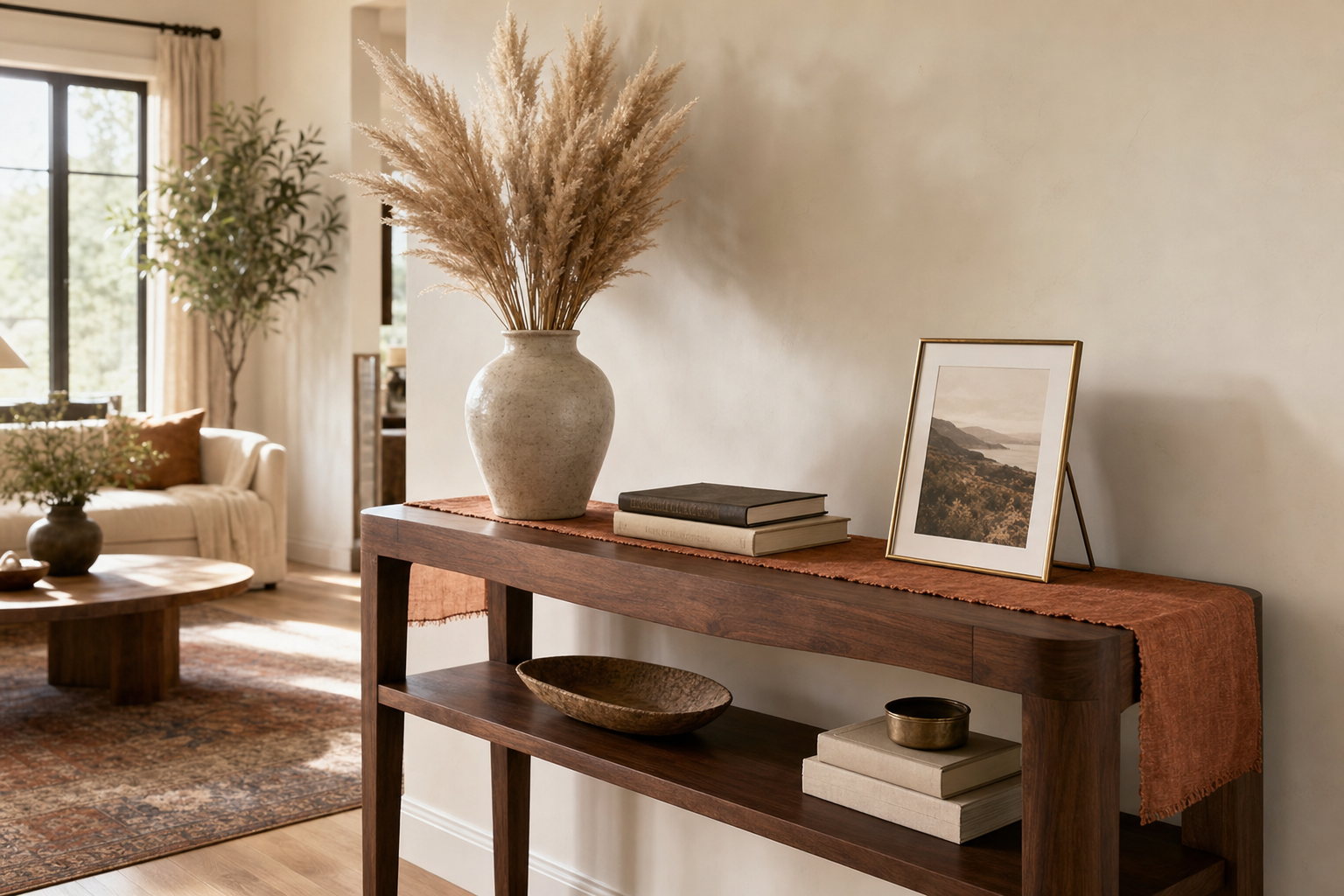 Beautifully staged living room with walnut console and terracotta linen runner