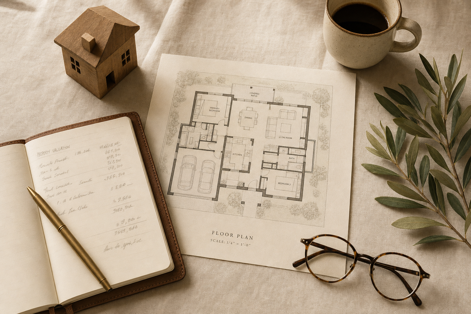 Floor plan, brass pen, leather notebook, and small wooden house model